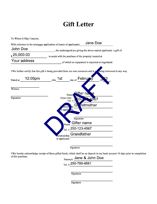 Image of an example Gift Letter  document