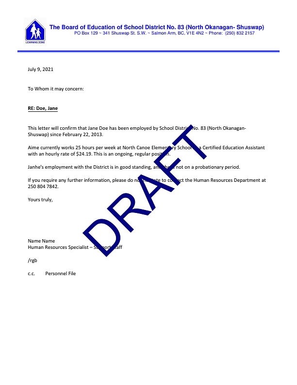 Image of an example Letter of Employment  document